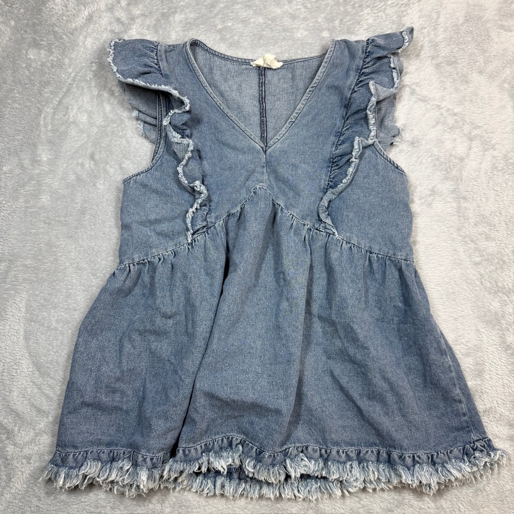Umgee Denim‎ Babydoll Top Womens S Blue Fringe Boho Cottagecore Spring Flowy